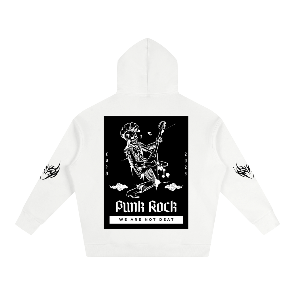White hoodie with punk rock skeleton graphic, 'Funk Rock' text, and flame sleeve details