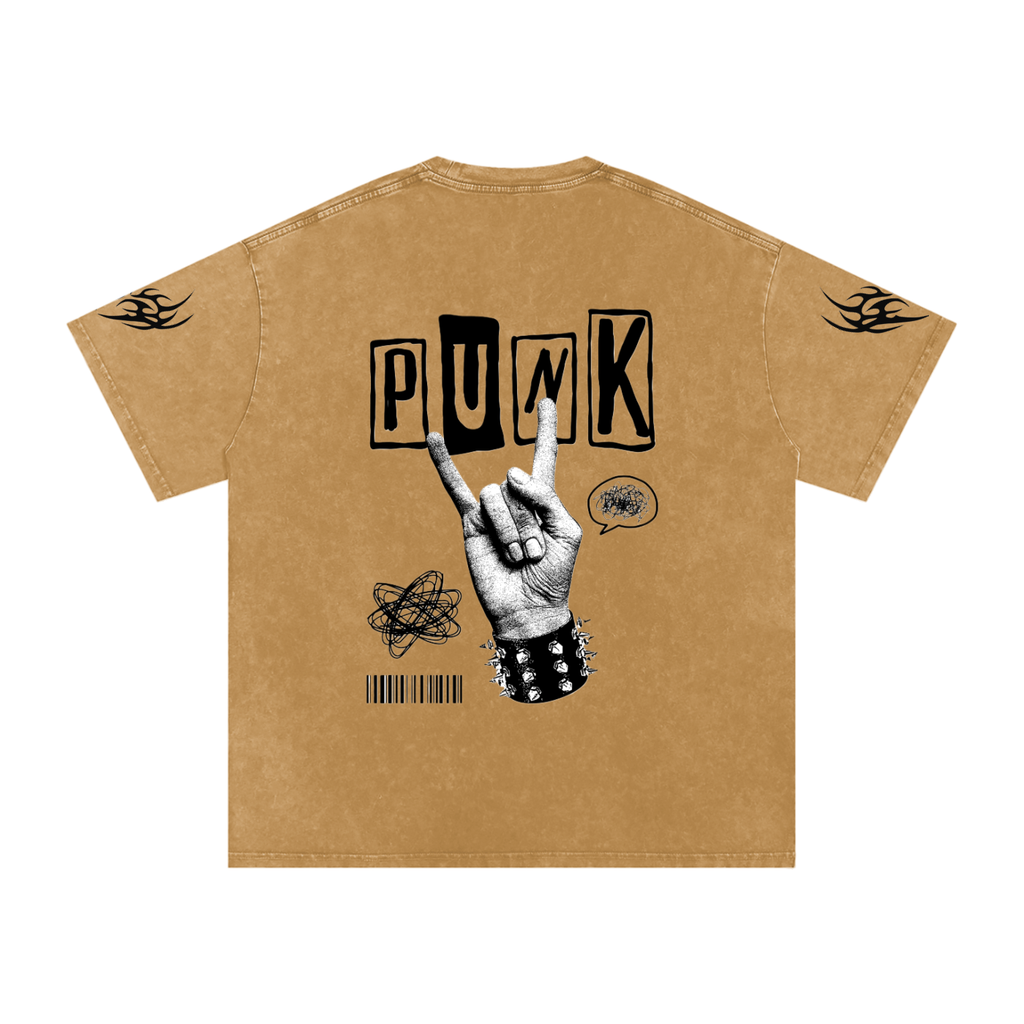 Tan punk rock t-shirt with bold 'PUNK' graphic, hand making rock sign, studded wristband, and flame sleeve details