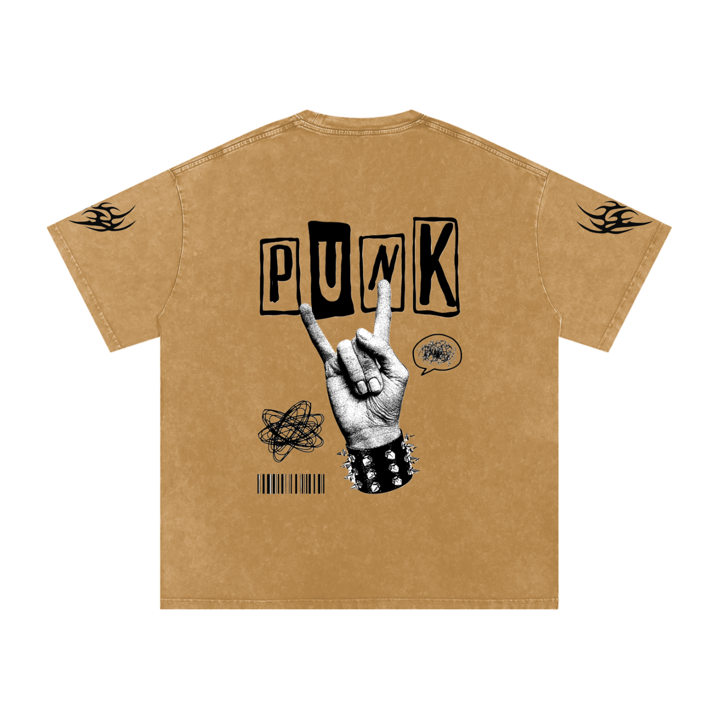Tan punk rock t-shirt with bold 'PUNK' graphic, hand making rock sign, studded wristband, and flame sleeve details