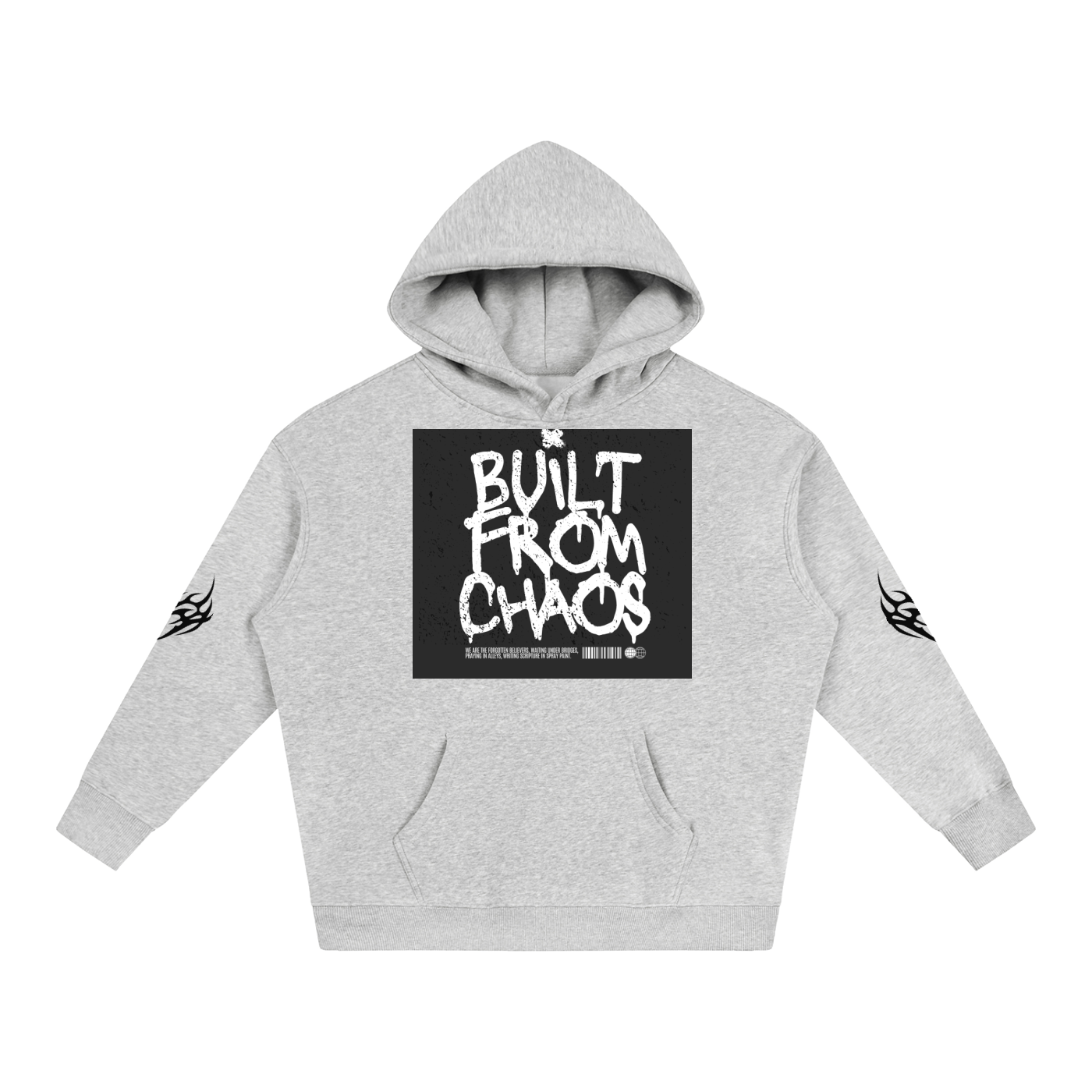 Gray hoodie with 'Built From Chaos' graphic print and tribal sleeve designs, streetwear style