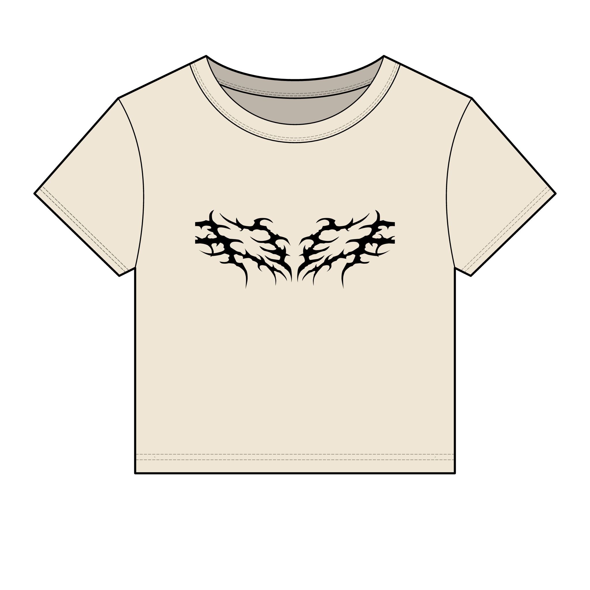 Beige t-shirt with black tribal wing graphic, crew neck, short sleeves