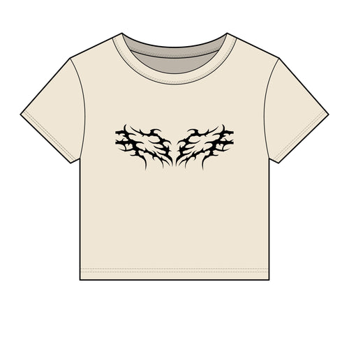 Beige t-shirt with black tribal wing graphic, crew neck, short sleeves