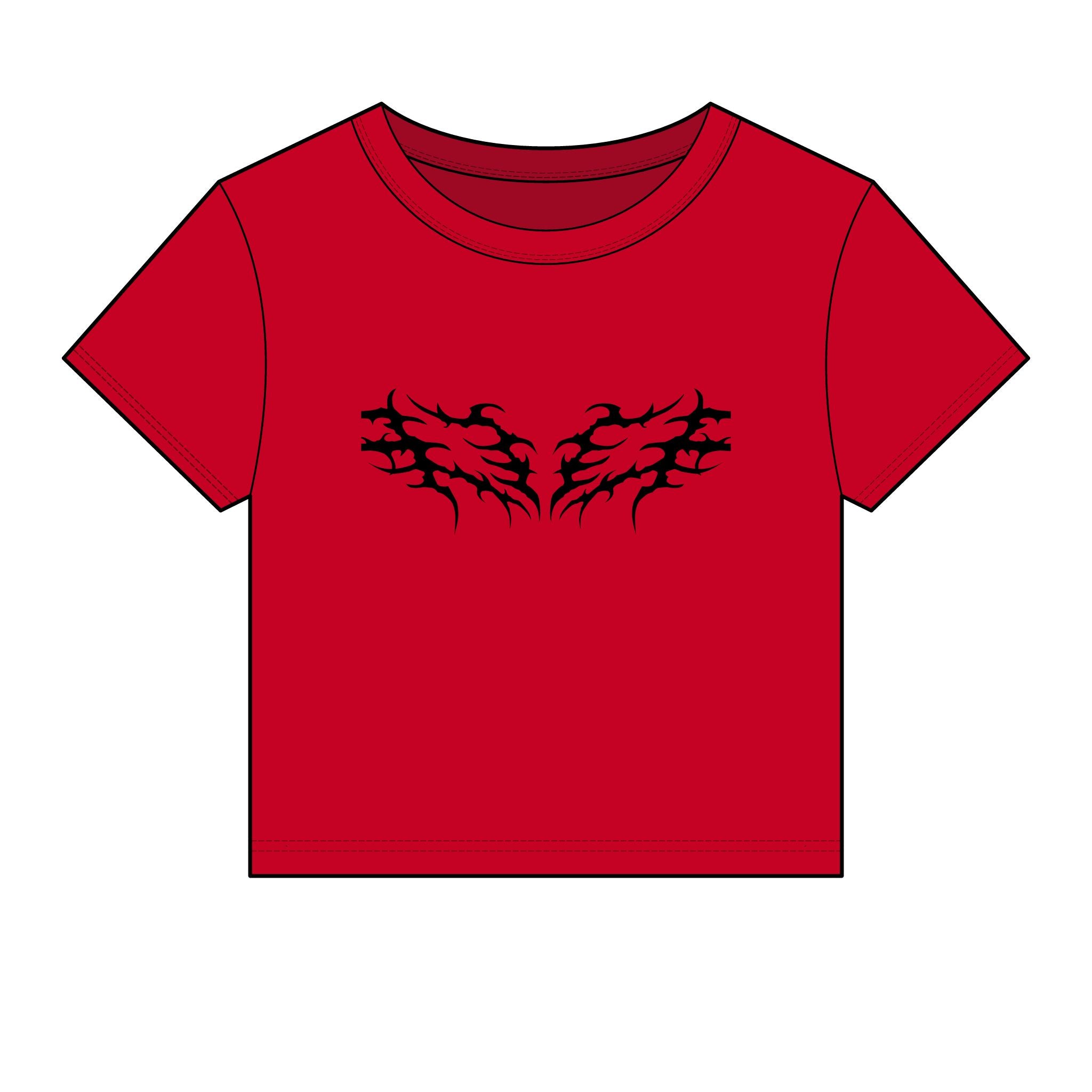 Red graphic tee with black tribal wing design, bold streetwear style