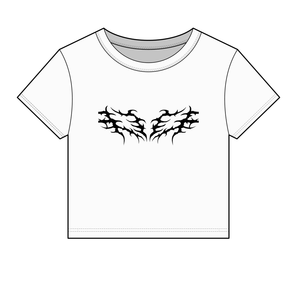 White graphic tee with black abstract wing design, crew neck, short sleeves