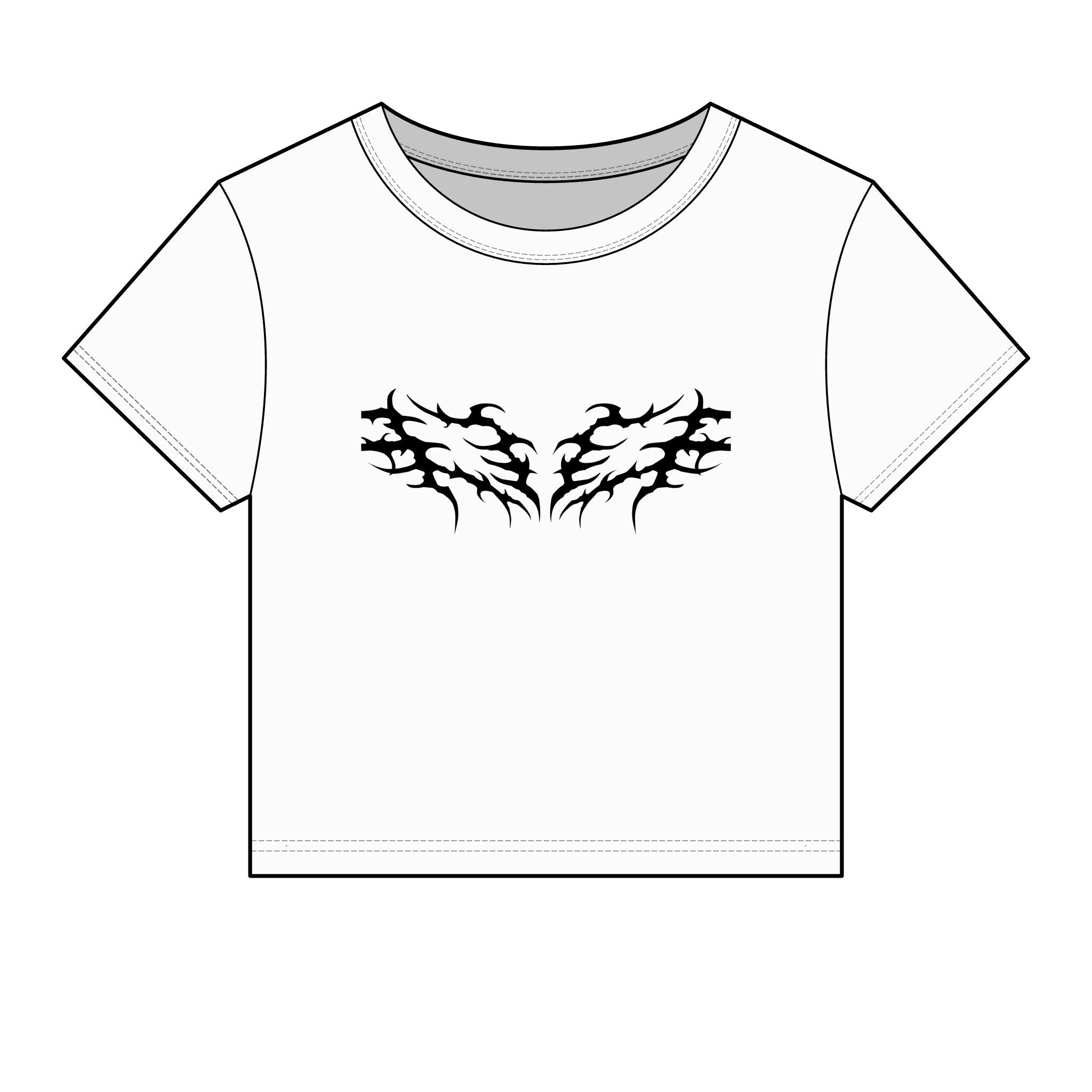 White graphic tee with black abstract wing design, crew neck, short sleeves