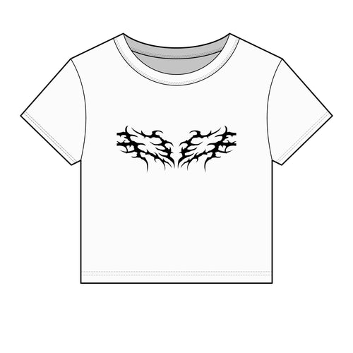 White graphic tee with black abstract wing design, crew neck, short sleeves