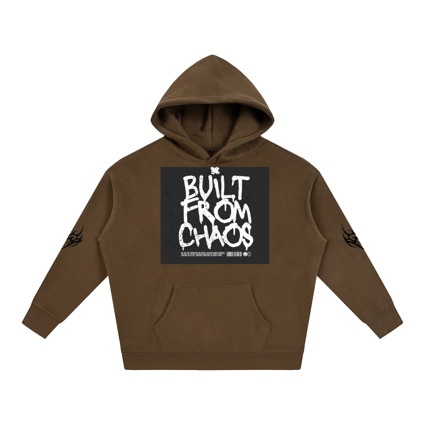 Brown hoodie with 'Built From Chaos' graphic print and flame designs on sleeves, front pocket, hooded.