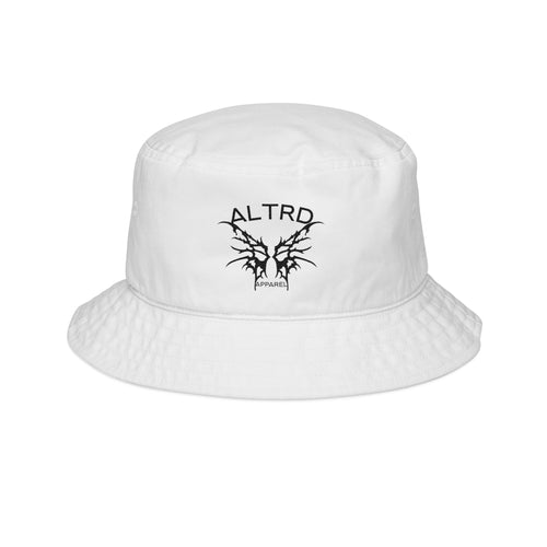 White bucket hat with black ALTRD Apparel logo and winged design, stylish streetwear accessory