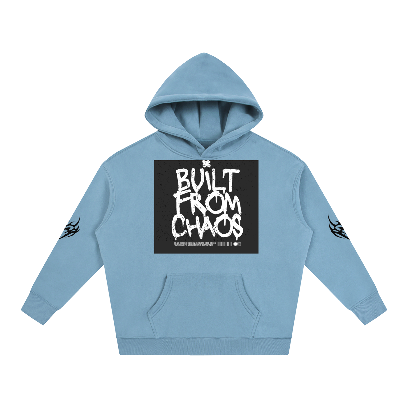 Light blue hoodie with 'Built From Chaos' graphic print and tribal sleeve designs, casual streetwear style.
