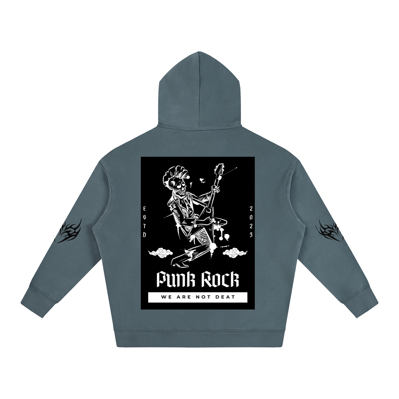 Gray hoodie with punk rock skeleton graphic, flame sleeves, 'Funk Rock' text, and 'We Are Not Deat' slogan.