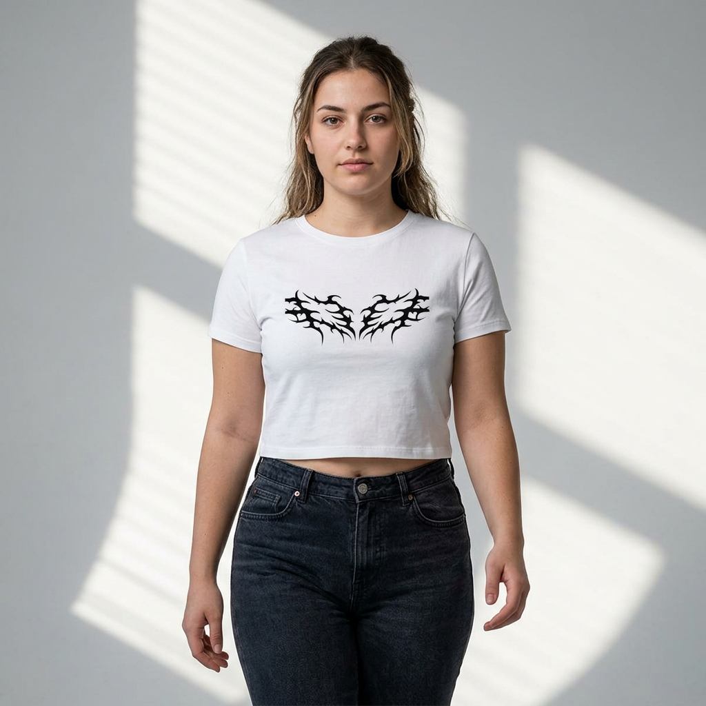 White cropped t-shirt with black tribal wing graphic, paired with dark jeans, modern casual style