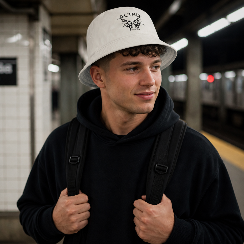 Man wearing white ALTRD bucket hat with logo, black hoodie, and backpack at subway station