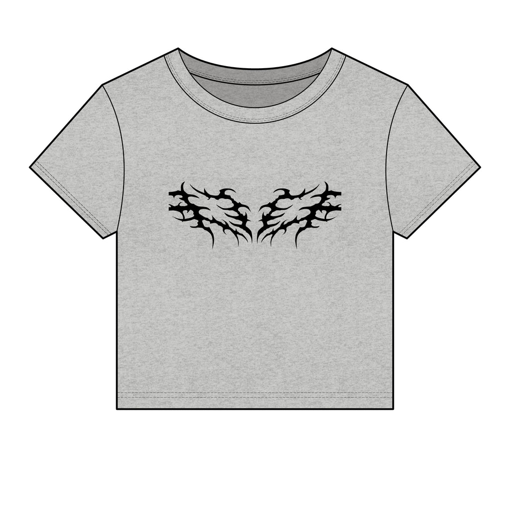 Gray graphic tee with black tribal wing design, casual streetwear style