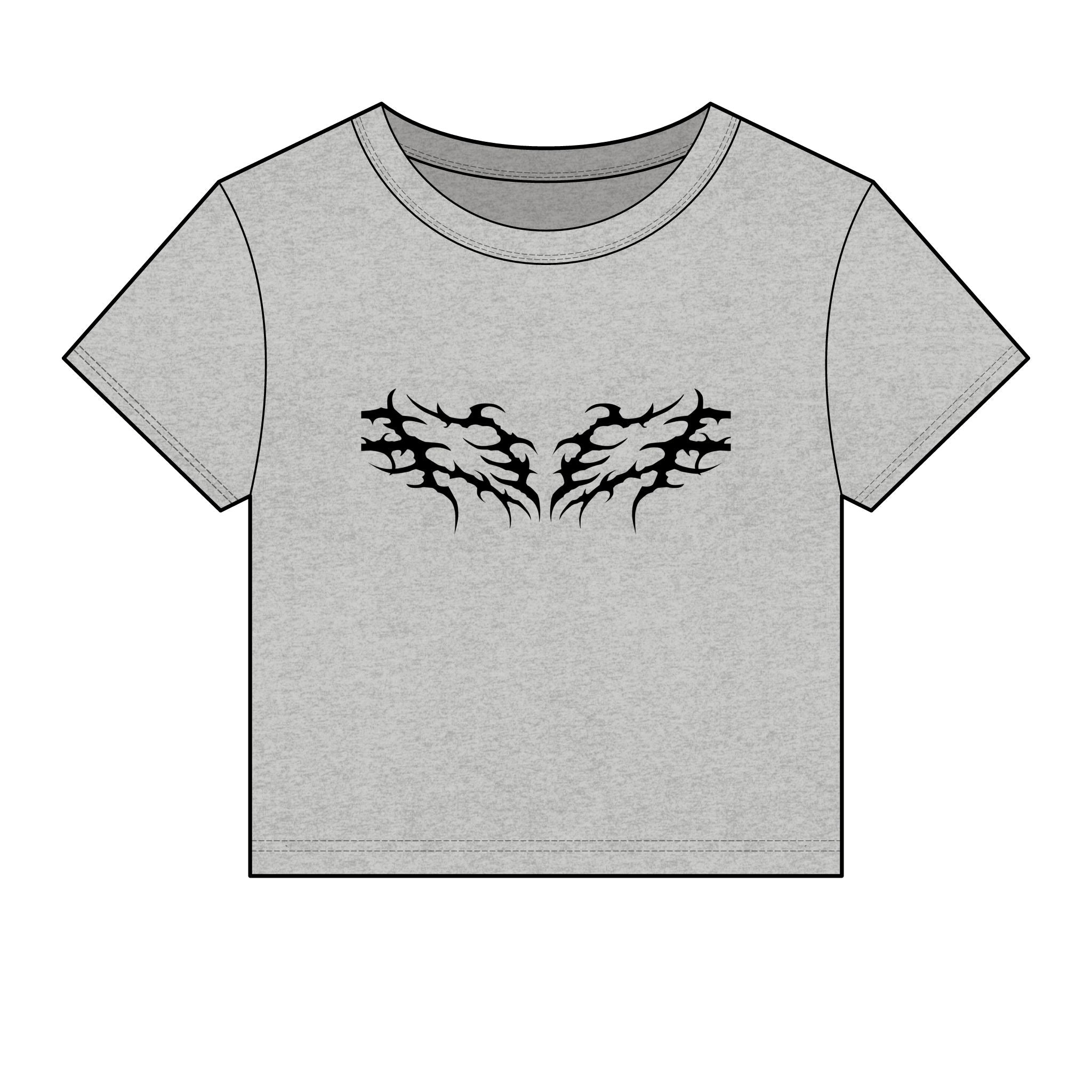 Gray graphic tee with black tribal wing design, casual streetwear style