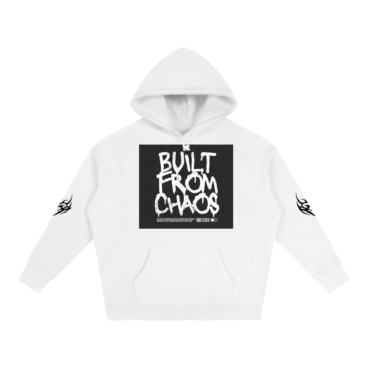White hoodie with 'Built From Chaos' graphic, tribal sleeve prints, front pocket, unisex streetwear style