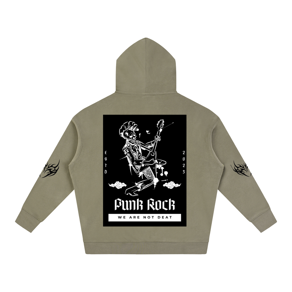 Olive green hoodie with punk rock skeleton graphic, flame sleeves, and 'We Are Not Deat' text