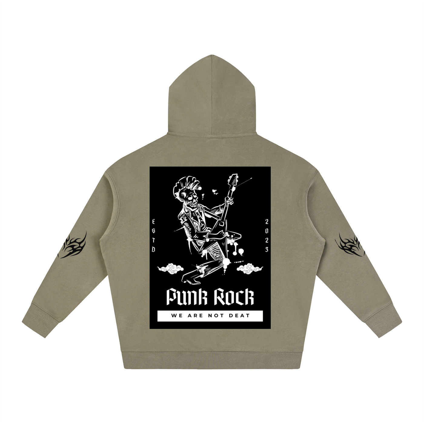 Olive green hoodie with punk rock skeleton graphic, flame sleeves, and 'We Are Not Deat' text