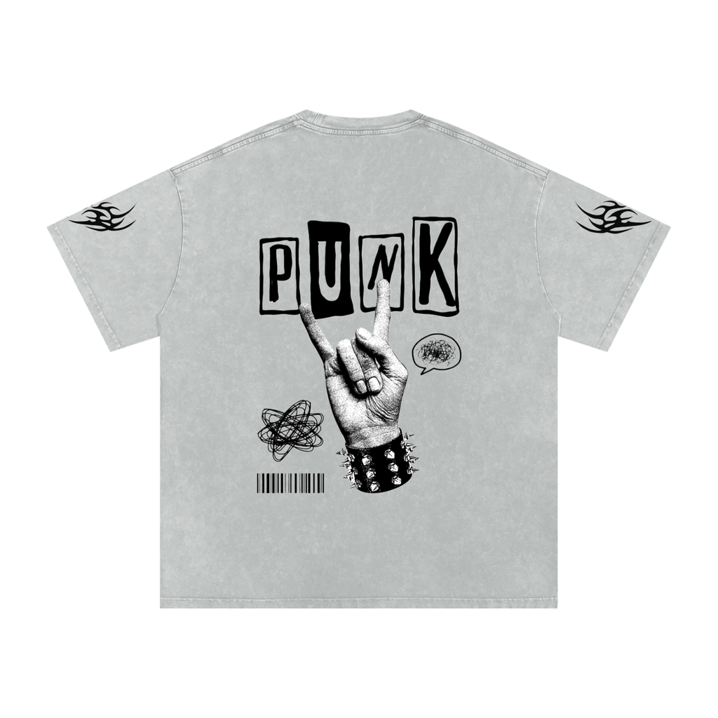 Gray punk graphic tee with bold 'PUNK' text, rock hand sign, studded wristband, and flame sleeve details