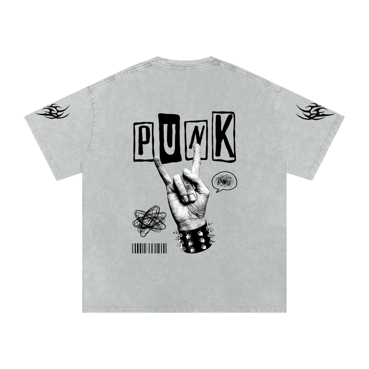 Gray punk graphic tee with bold 'PUNK' text, rock hand sign, studded wristband, and flame sleeve details