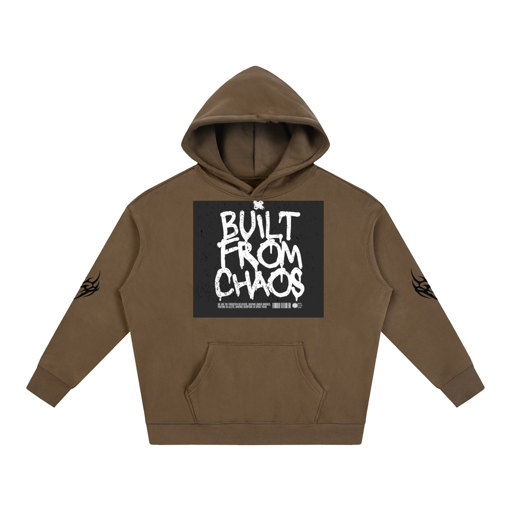 Brown hoodie with 'Built From Chaos' graphic print and flame sleeve details, streetwear style