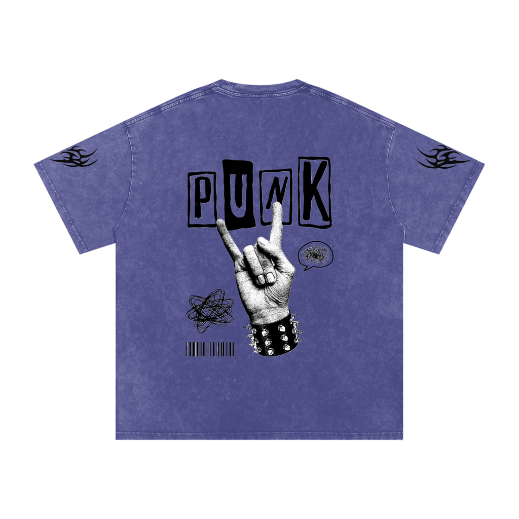 Purple punk graphic tee with 'PUNK' text, rock hand sign, and flame sleeve details