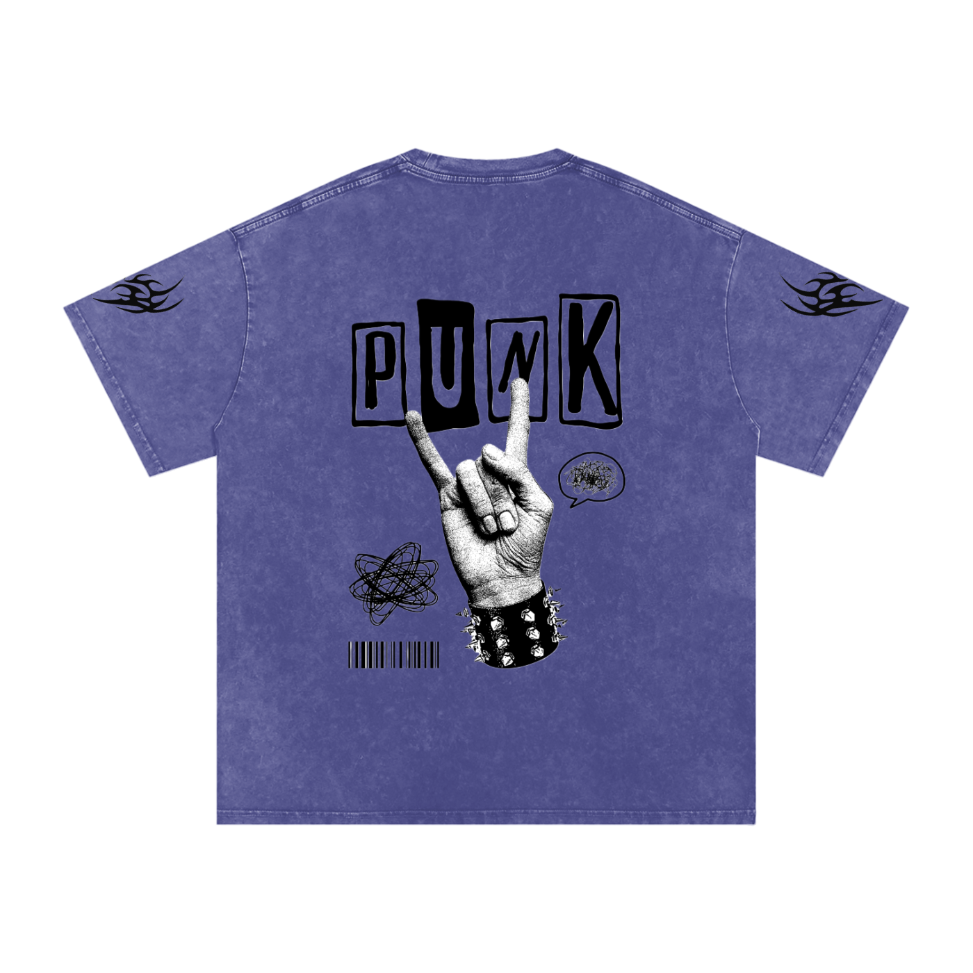 Purple punk graphic tee with 'PUNK' text, rock hand sign, and flame sleeve details