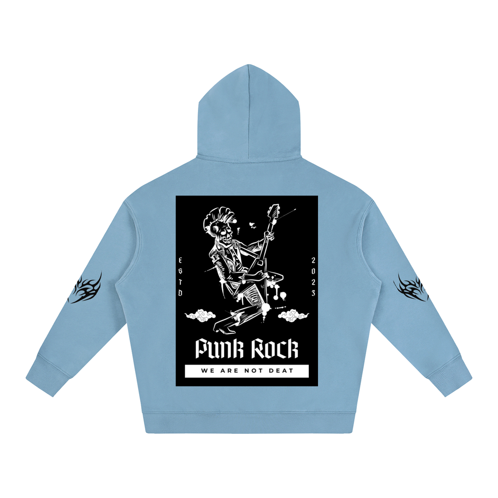 Light blue hoodie with punk rock skeleton graphic, 'Funk Rock' text, and flame designs on sleeves