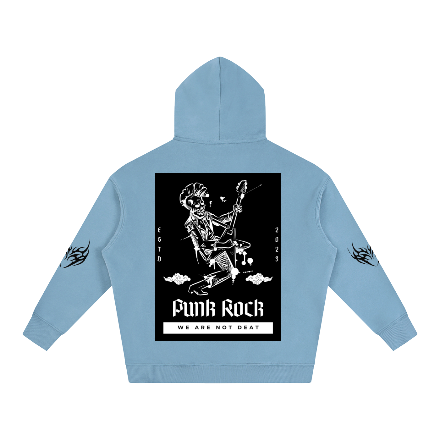 Light blue hoodie with punk rock skeleton graphic, 'Funk Rock' text, and flame designs on sleeves