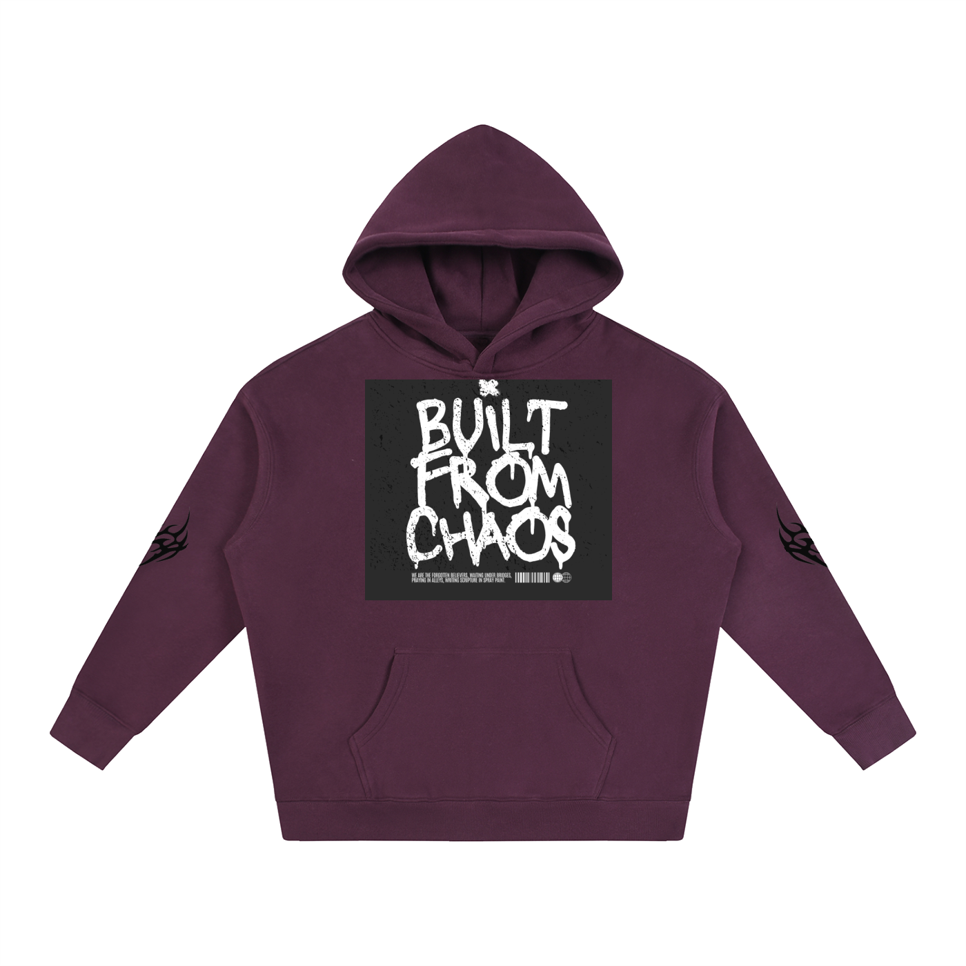 Purple hoodie with 'Built From Chaos' graphic, front pocket, and flame sleeve details
