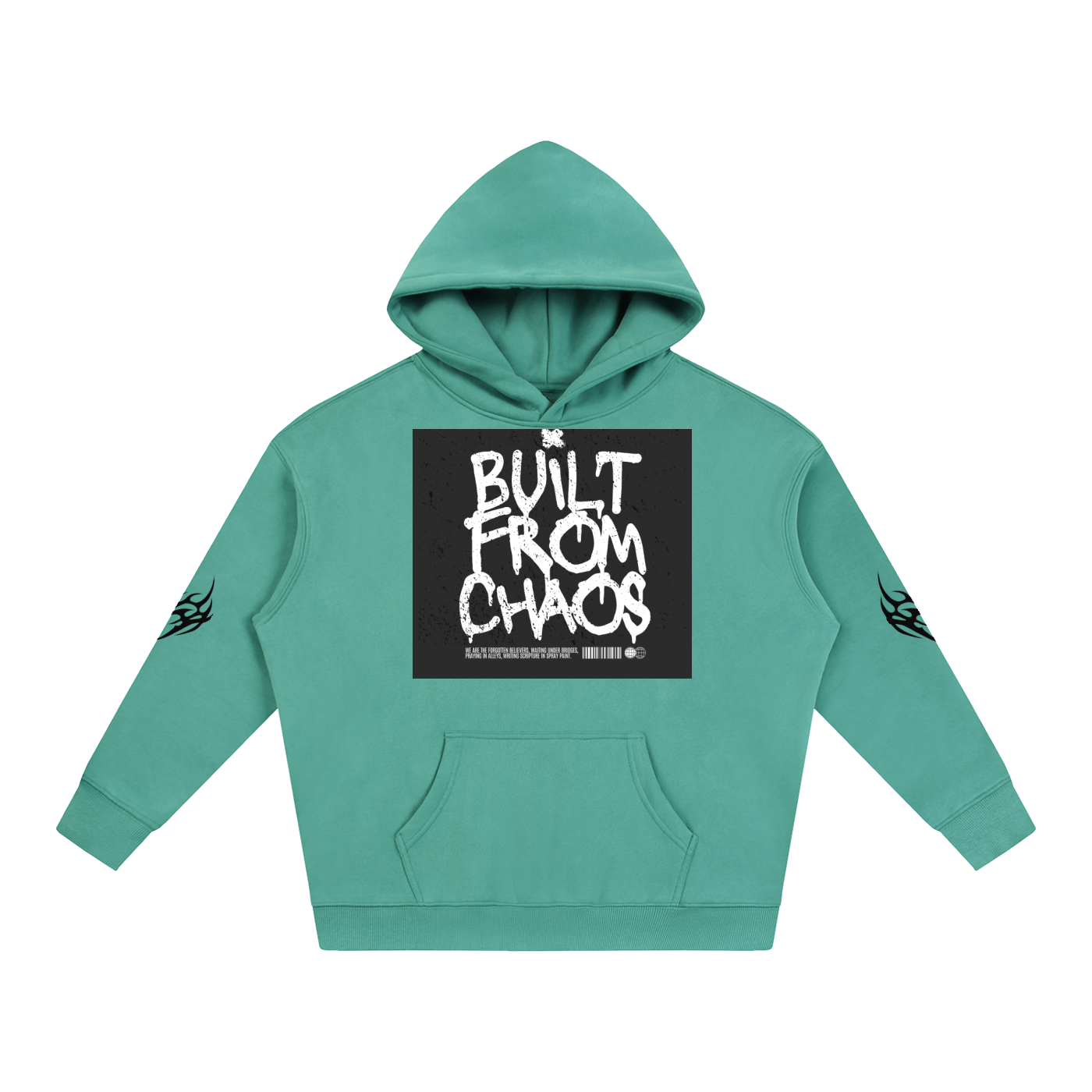 Teal hoodie with 'Built From Chaos' graphic print and tribal sleeve designs, casual streetwear style