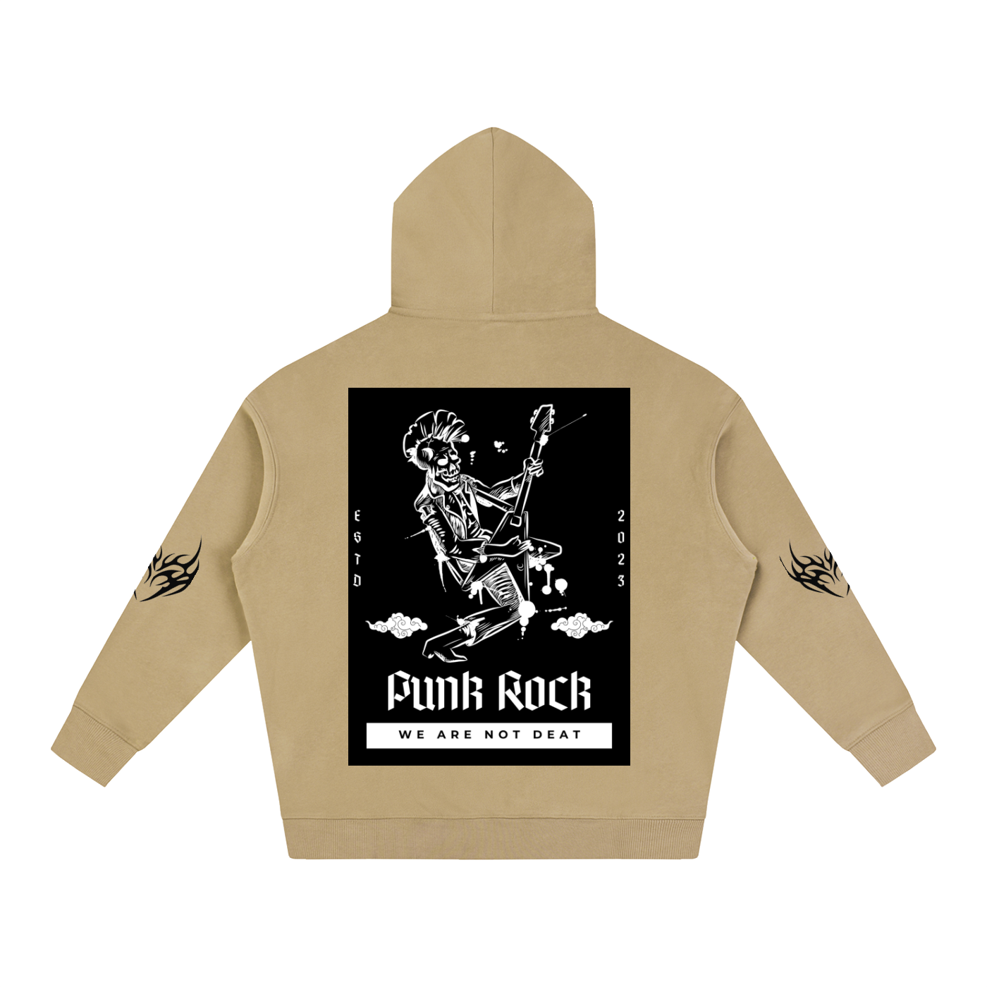 Tan hoodie with punk rock skeleton graphic, flame sleeves, 'Funk Rock' text, and 'We Are Not Deat' slogan