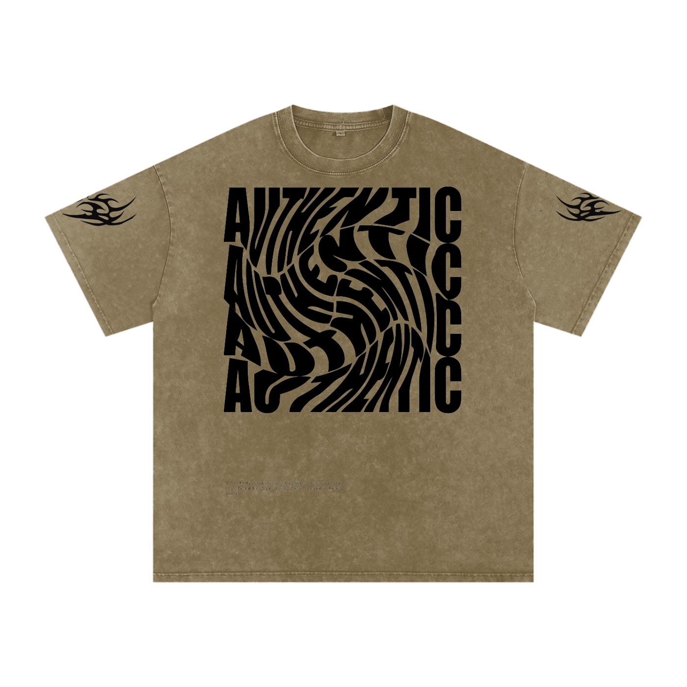 Olive green graphic tee with bold 'AUTHENTIC' swirl print and tribal sleeve designs