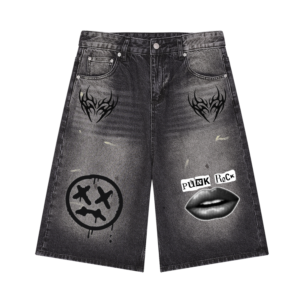 Punk Men’s Vintage Wash Wide Leg Denim Shorts