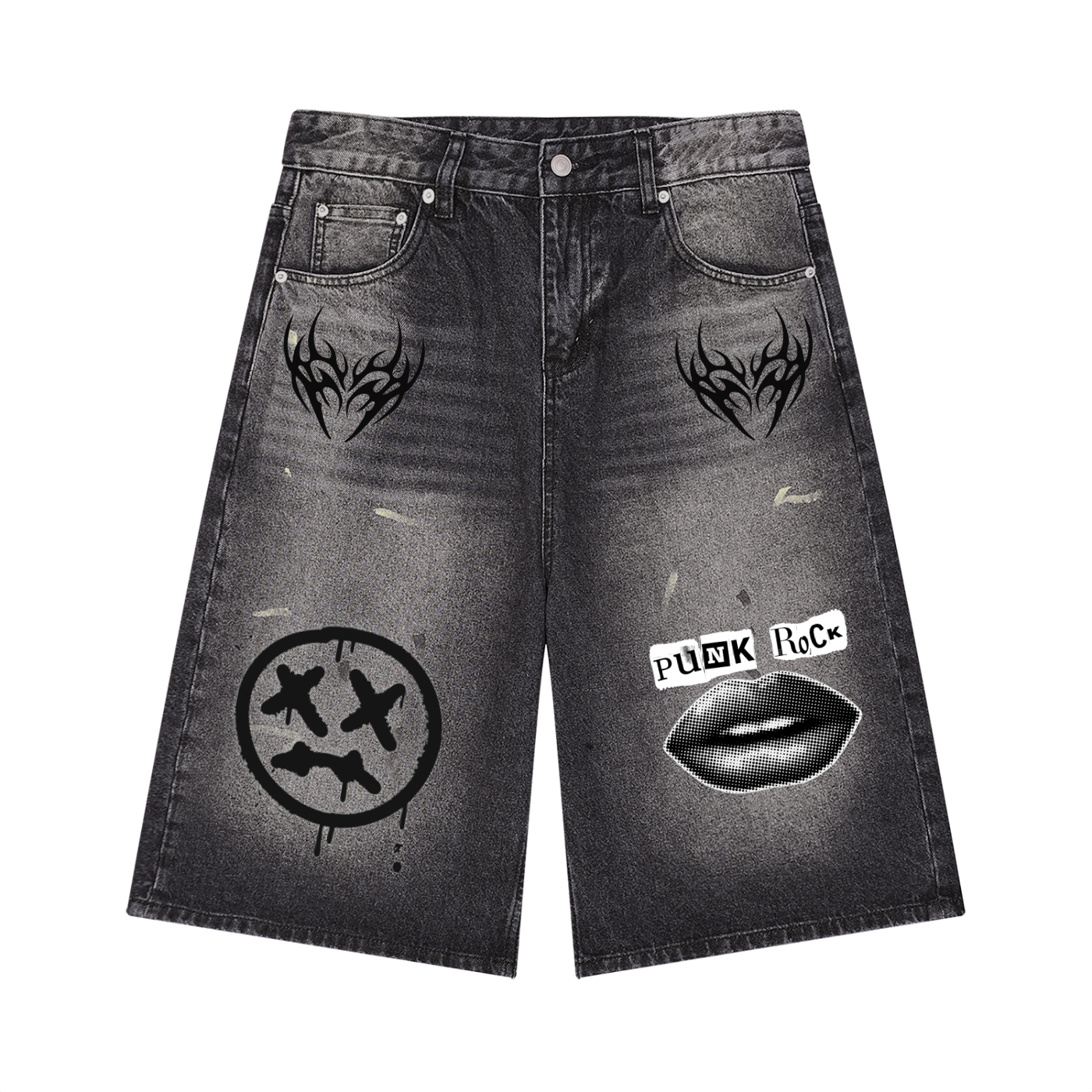 Punk Men’s Vintage Wash Wide Leg Denim Shorts