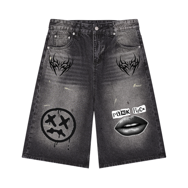 Punk Men’s Vintage Wash Wide Leg Denim Shorts