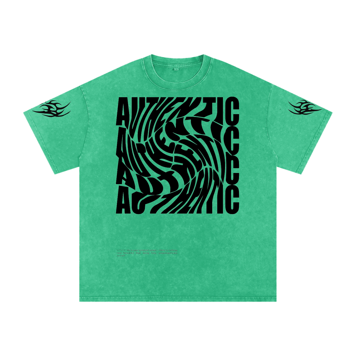 Green graphic tee with bold 'AUTHENTIC' print and tribal sleeve designs, streetwear style
