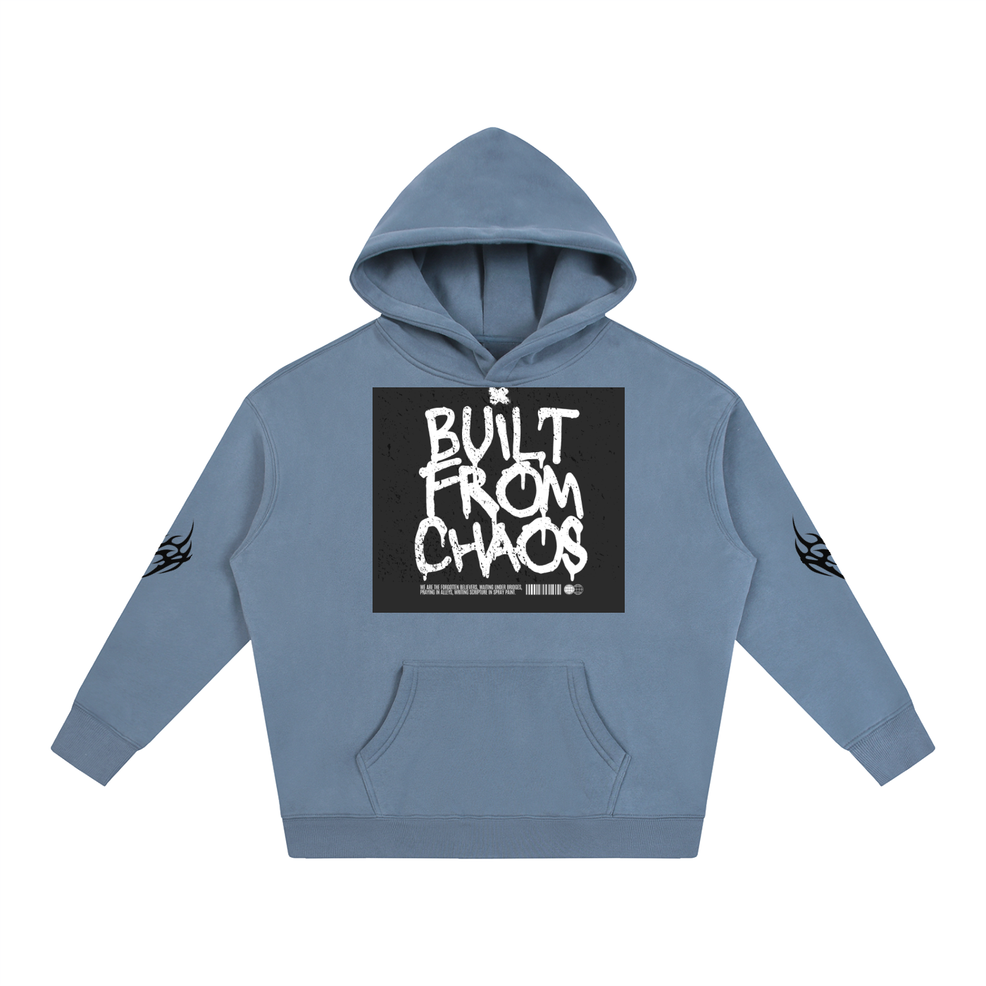 Blue hoodie with 'Built From Chaos' graphic print and flame designs on sleeves