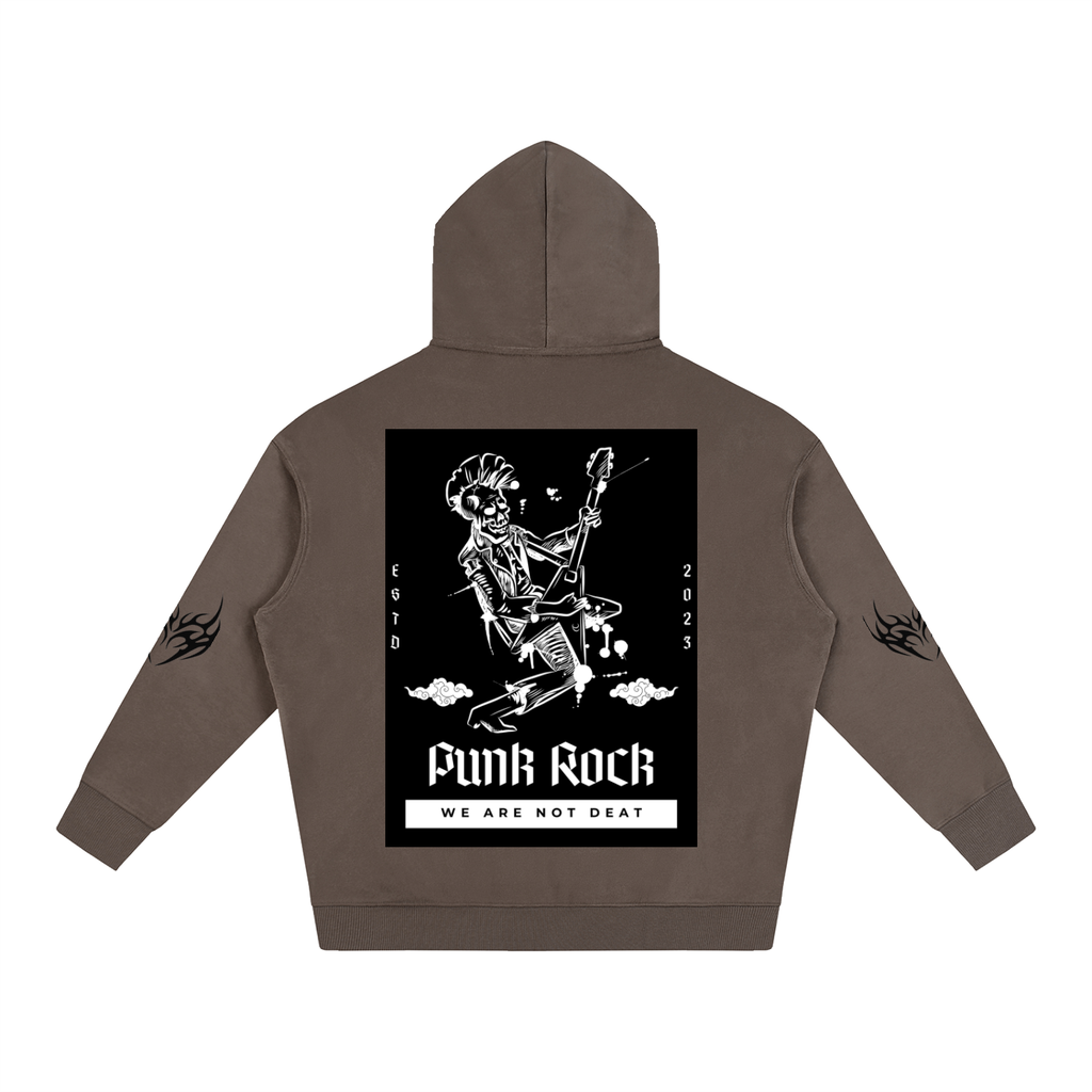Brown hoodie with punk rock skeleton graphic, 'Funk Rock' text, and flame sleeves