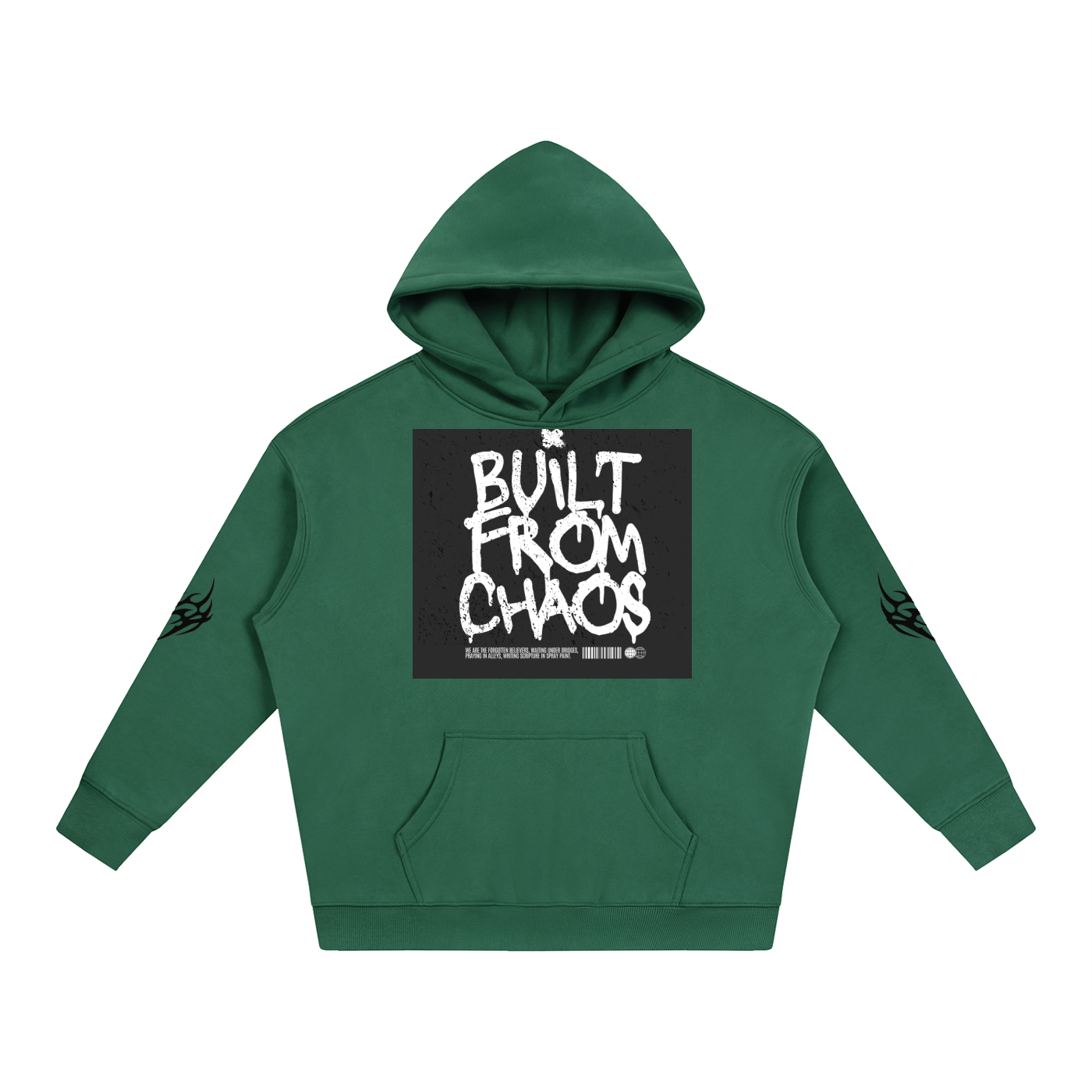 Green hoodie with 'Built From Chaos' graphic print and tribal sleeve designs