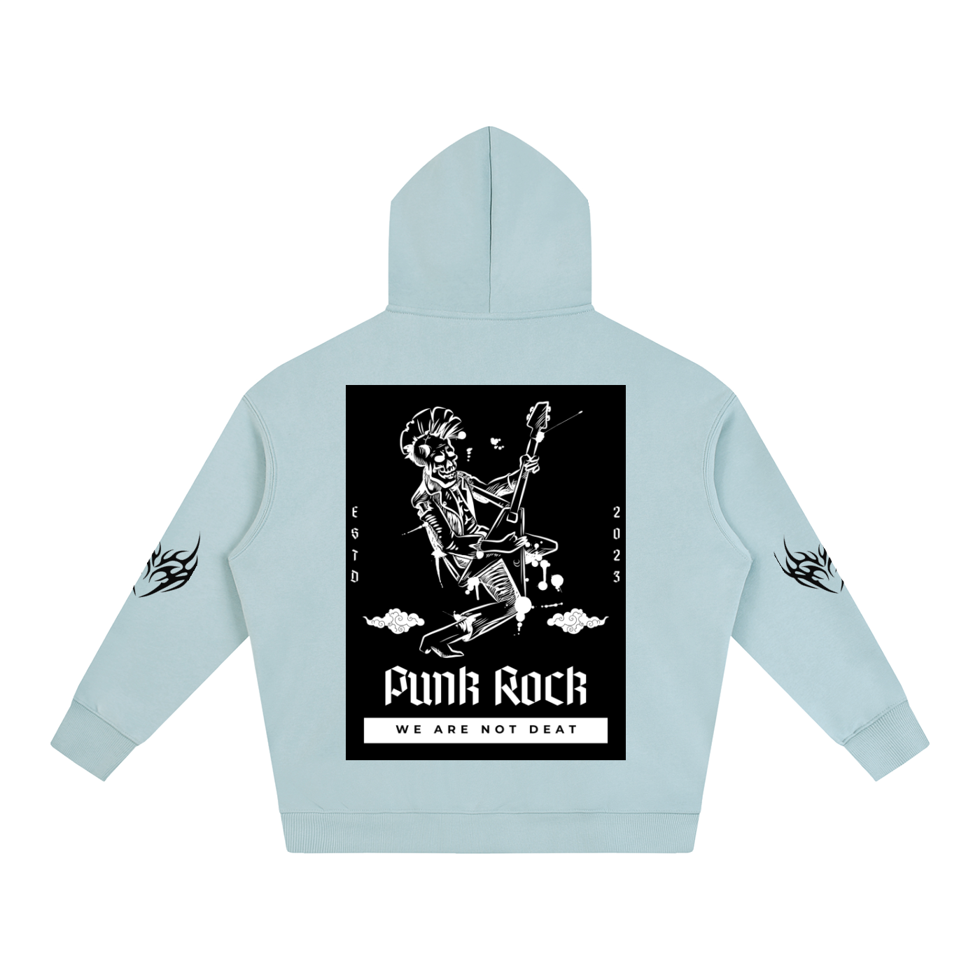 Light blue hoodie with punk rock skeleton graphic, 'Funk Rock' text, and flame designs on sleeves
