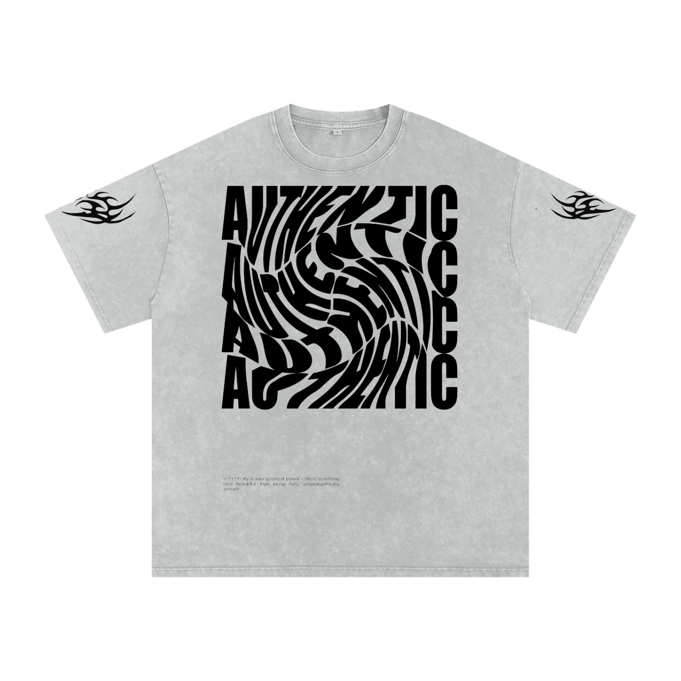 Gray graphic tee with bold 'AUTHENTIC' swirl print and tribal sleeve designs, streetwear style