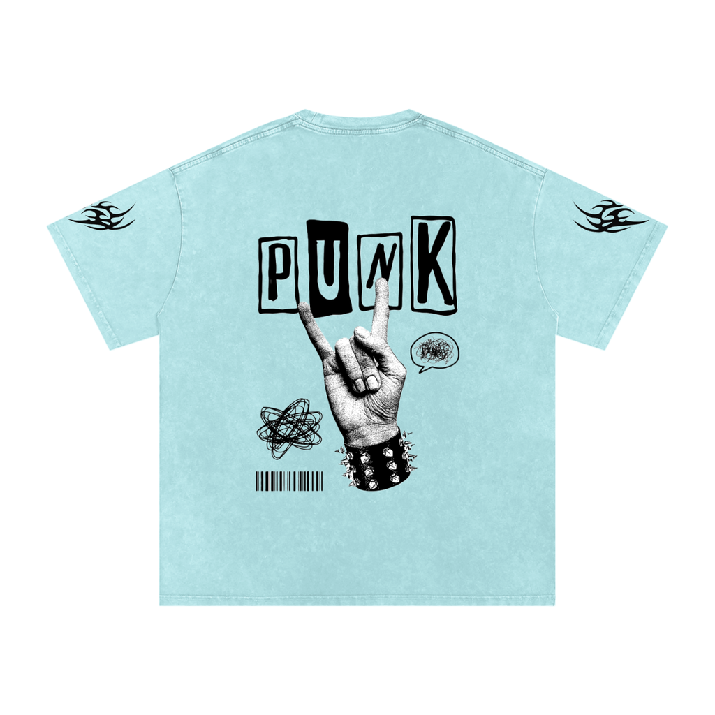 Light blue punk graphic tee with 'PUNK' text, rock hand sign, and flame sleeve details