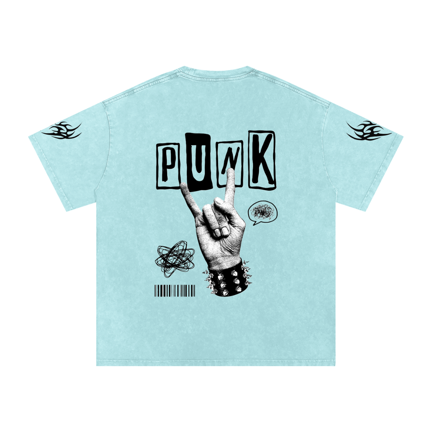 Light blue punk graphic tee with 'PUNK' text, rock hand sign, and flame sleeve details