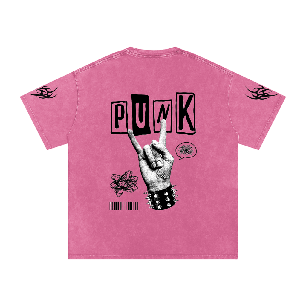 Pink punk graphic tee with bold 'PUNK' text, rock hand sign, and flame sleeve details