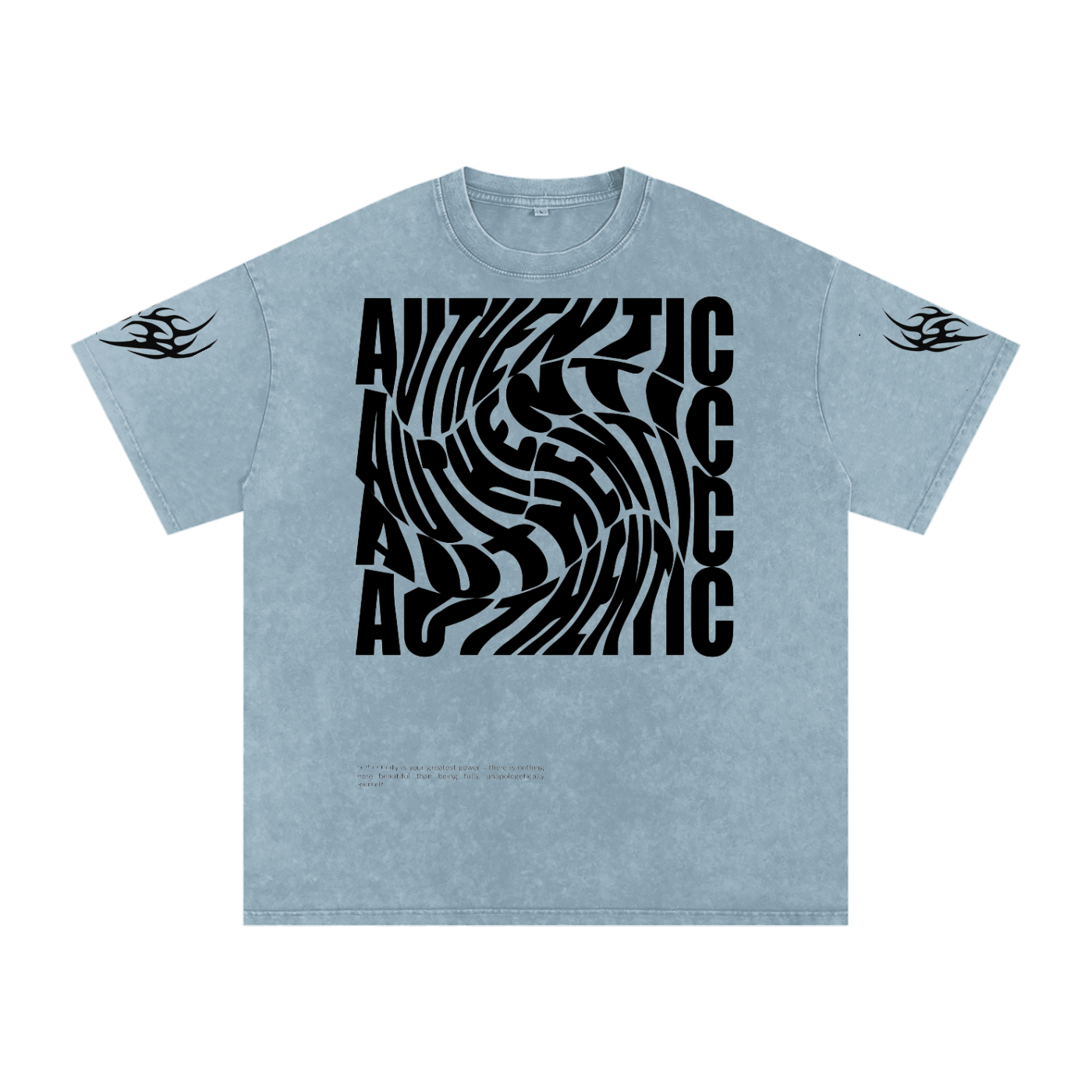 Light blue graphic tee with bold 'AUTHENTIC' spiral print and tribal sleeve designs, oversized fit
