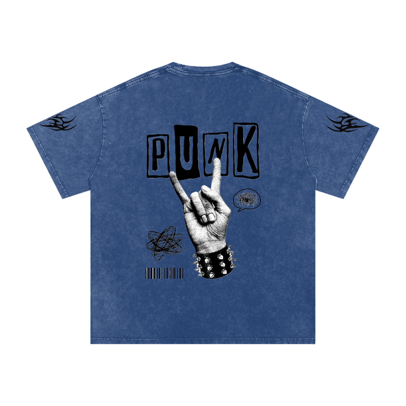 Blue punk graphic tee with 'PUNK' text, rock hand sign, and tribal sleeve designs