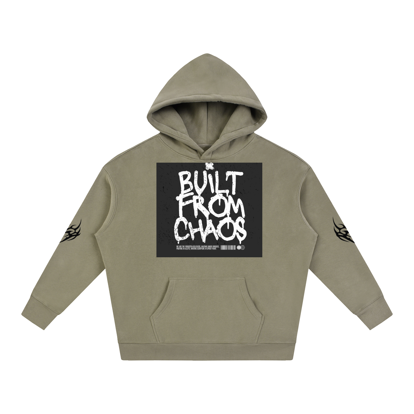 Olive green hoodie with 'Built From Chaos' graphic print and tribal sleeve designs, streetwear style