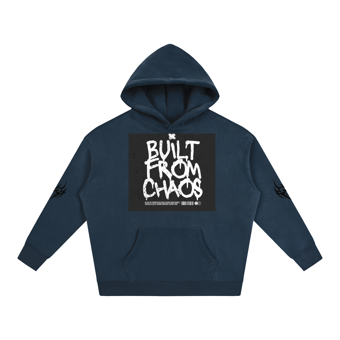 Navy blue hoodie with 'Built From Chaos' graphic print, front pocket, and sleeve designs