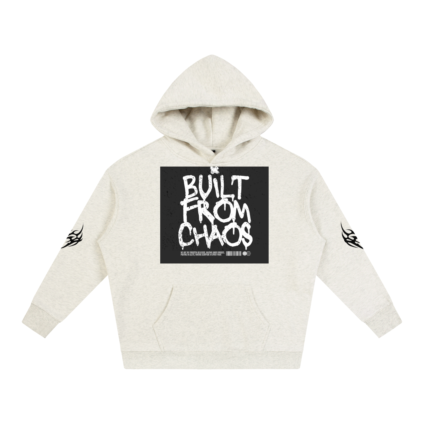 Cream hoodie with 'Built From Chaos' graphic print and flame sleeve details