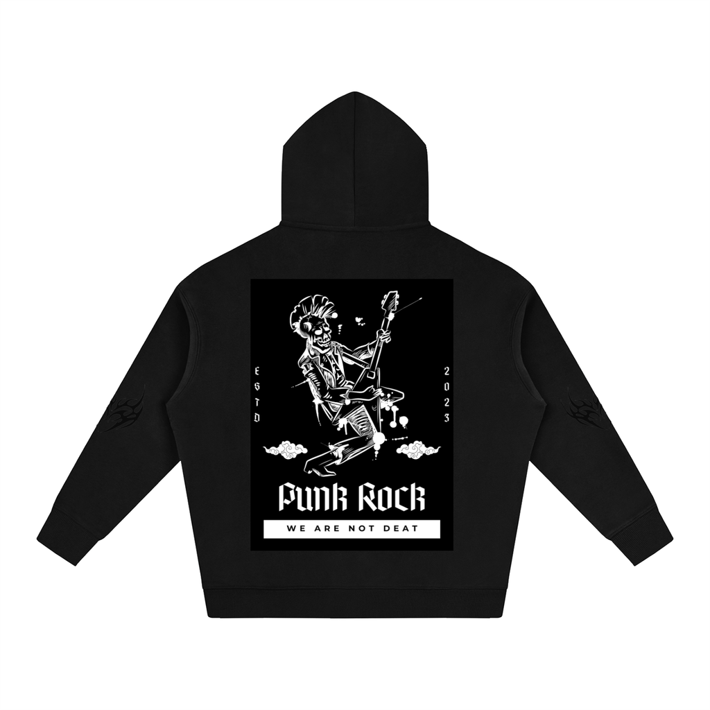 Black hoodie with punk rock skeleton graphic, 'Funk Rock' text, and flame details on sleeves